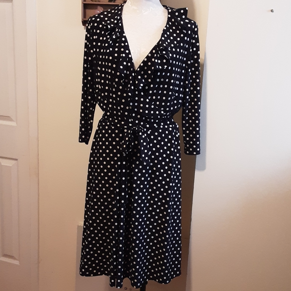 Chaps Faux Wrap Polka Dot Midi Dress,  B&W, Sz XL